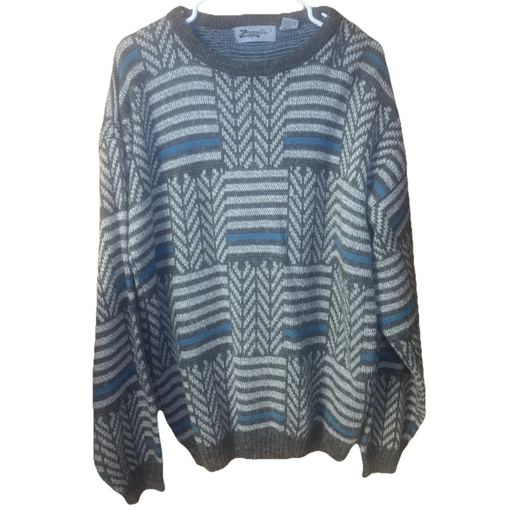 Zeppelin Men's Crewneck Sweater Xl Tall Gray Blue Geometric Knit Pullover